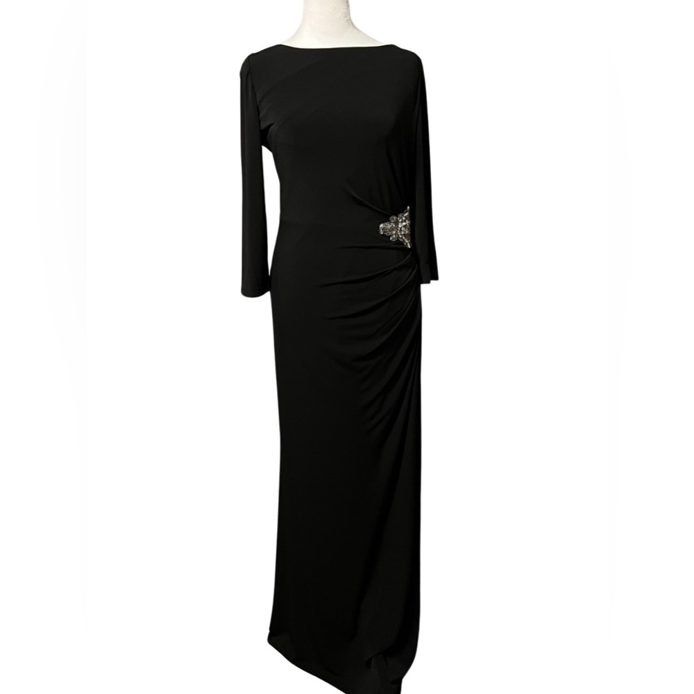 Eliza J ruched side embellished black gown size 8